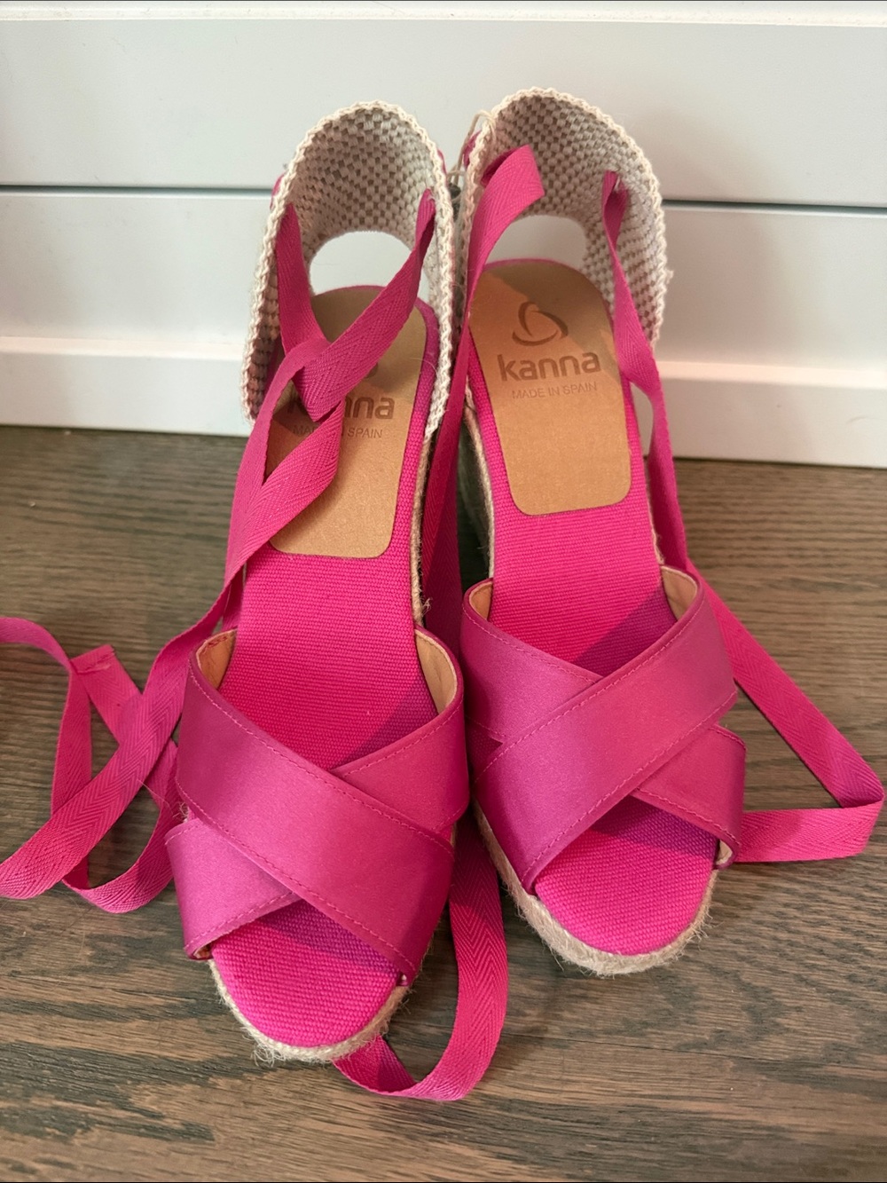 kanna Pink Crisscross Espadrille Wedge Sandals with Ankle Wraps